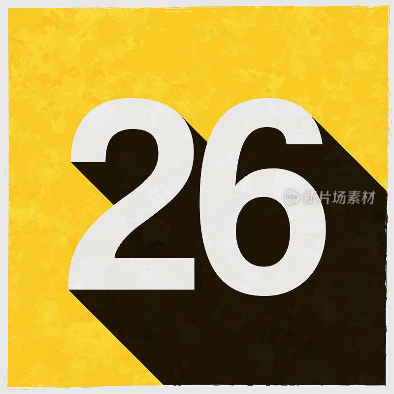 26 -数字26。图标与长阴影的纹理黄色背景